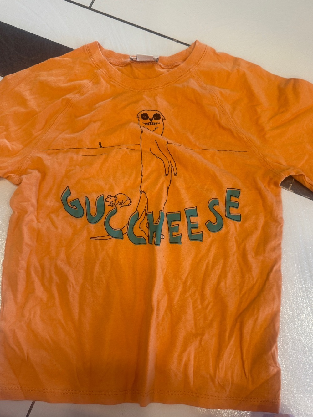 Gucci -GuccheeseOrange Graphic Tee with Black/Teal Print -kids